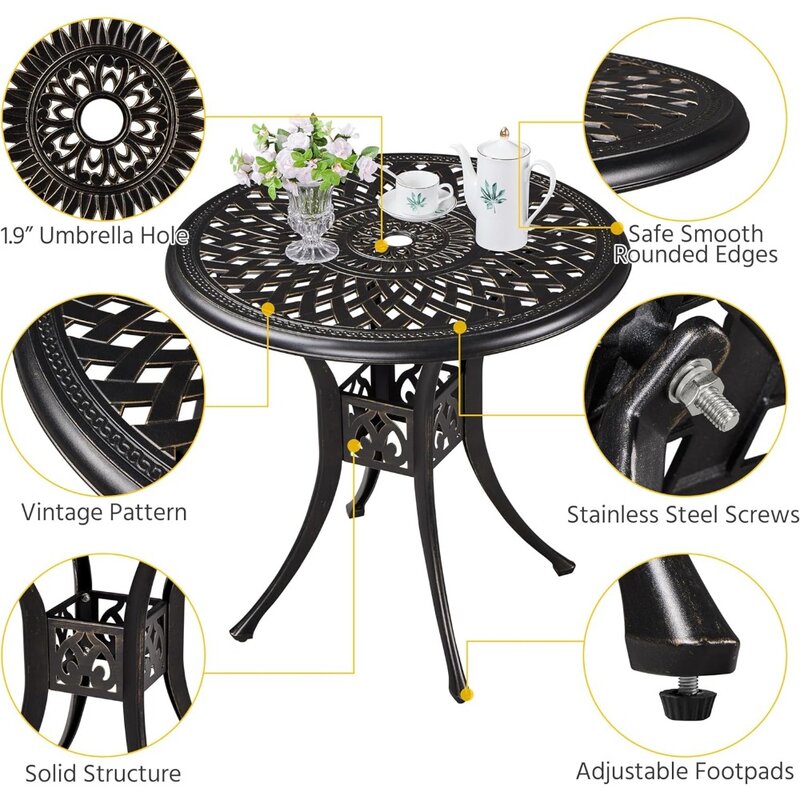 31in Cast Aluminum Patio Table with Umbrella Hole, Outdoor Round Anti-Rust Small Table with Umbrella Hole