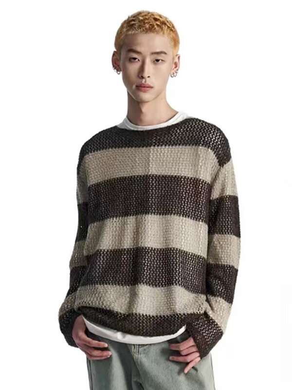Striped Sweaters Men Autumn American Retro High Street Hollow Out Contrast Color Chic Males Knitwear All-match Fashion Pullovers