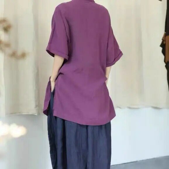 شيونغسام قميص المرأة الصيف فضفاضة الصينية الرجعية مشبك الوقوف طوق متوسطة طول مريحة الصينية الرجعية بلوزة