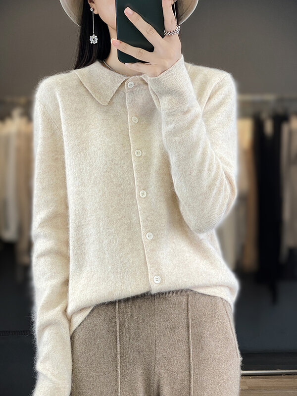 100% Mink Cashmere Cardigan Women's Sweaters New Autumn Winter Jacket Coat Long Sleeve POLO Collar Tops Female Knitted Shirts