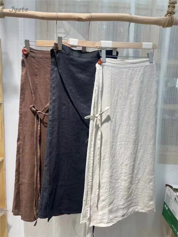 2024 neue Schnür mode lässig Urlaub Urlaub Frauen Sommer rock Baumwolle Leinen hohe Taille einfache grundlegende gerade lange Röcke