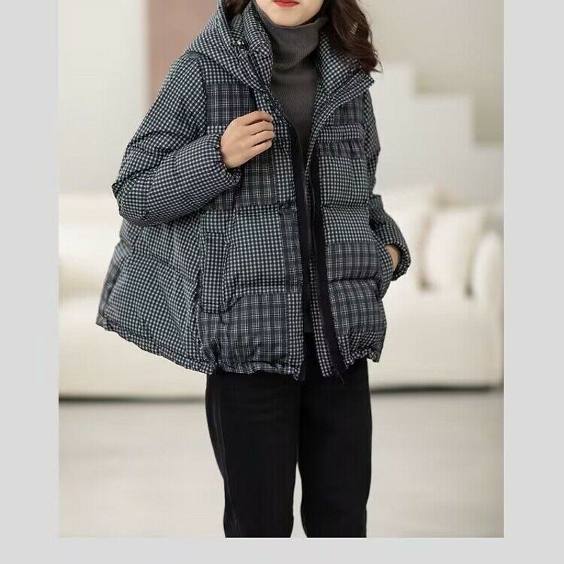 2023 new European station checkerboard down jacket women's short hooded loose thickened white duck down jacket trend