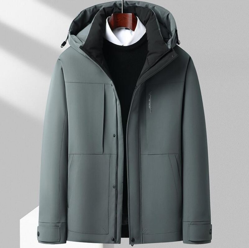 Mantel bertudung untuk pria, mantel bisnis kasual pendek tebal dan hangat bulu angsa putih baru musim dingin