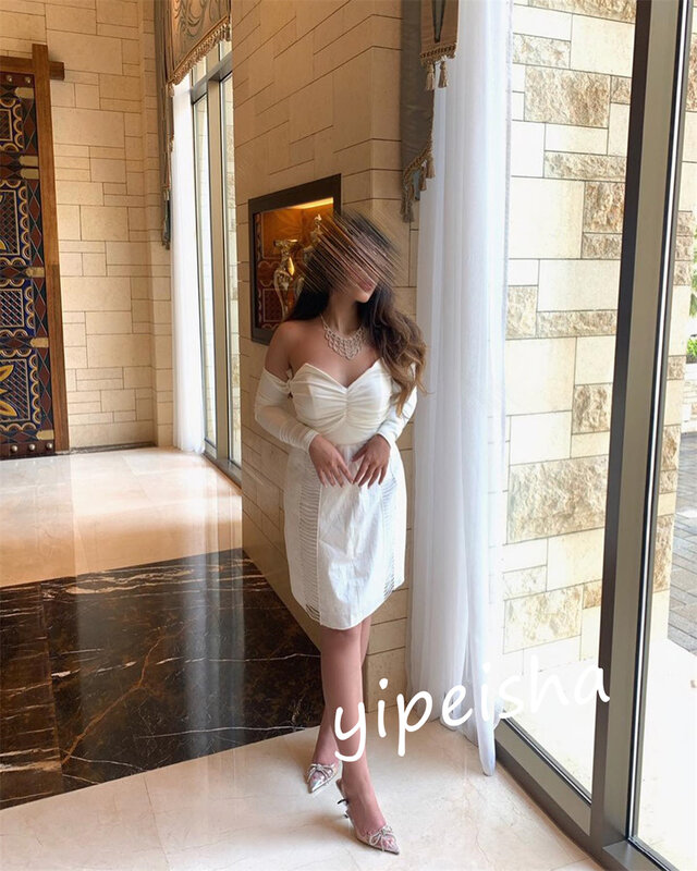 Prom Dress Avond Jersey Plooi Quinceanera A-Line Off-The-Shoulder Op Maat Gemaakte Gelegenheidsjurk Knielengte Jurken Saudi-Arabië
