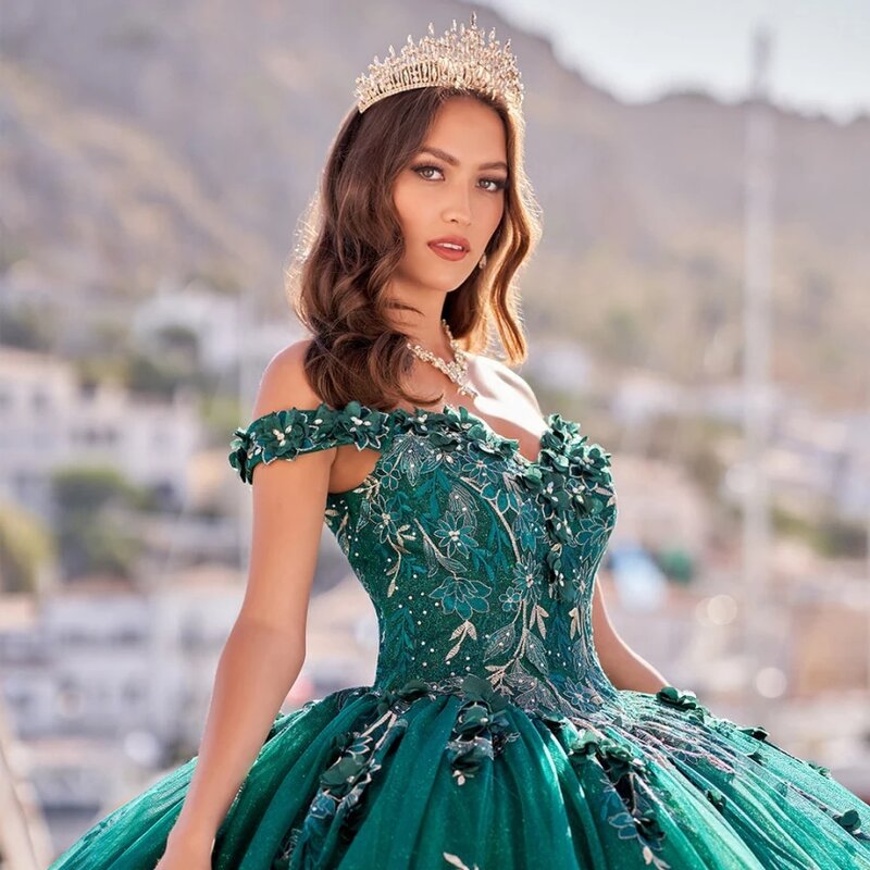 فساتين الأميرة Quinceanera ، ثوب الكرة الأخضر اللامع ، مزخرف على الكتف ، 16 فستان حلو من الدانتيل ، 15 سنة ، مكسيكي