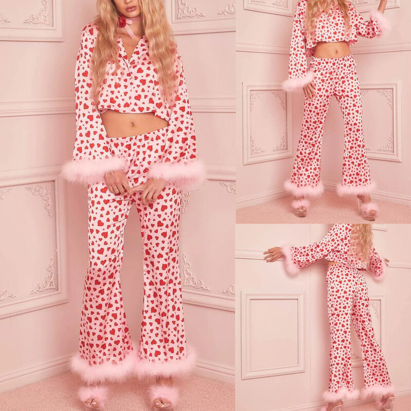 Pijama de satén con estampado de ombligo para mujer, traje informal de manga de campana, regalo de San Valentín, dulce novia, nuevo, 2024