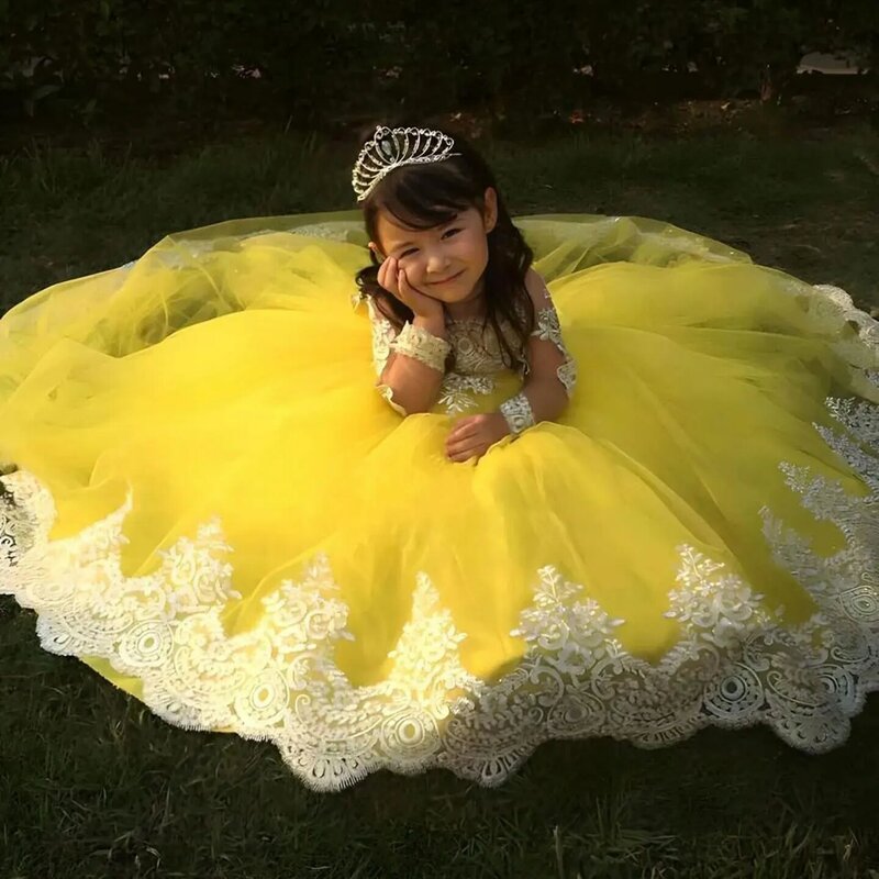 Jill Wish Elegant Dubai Girl Dress Long Sleeve Puffy Bow Arabic Princess Kids Wedding Birthday Party Long Ball Gown 2024  J176