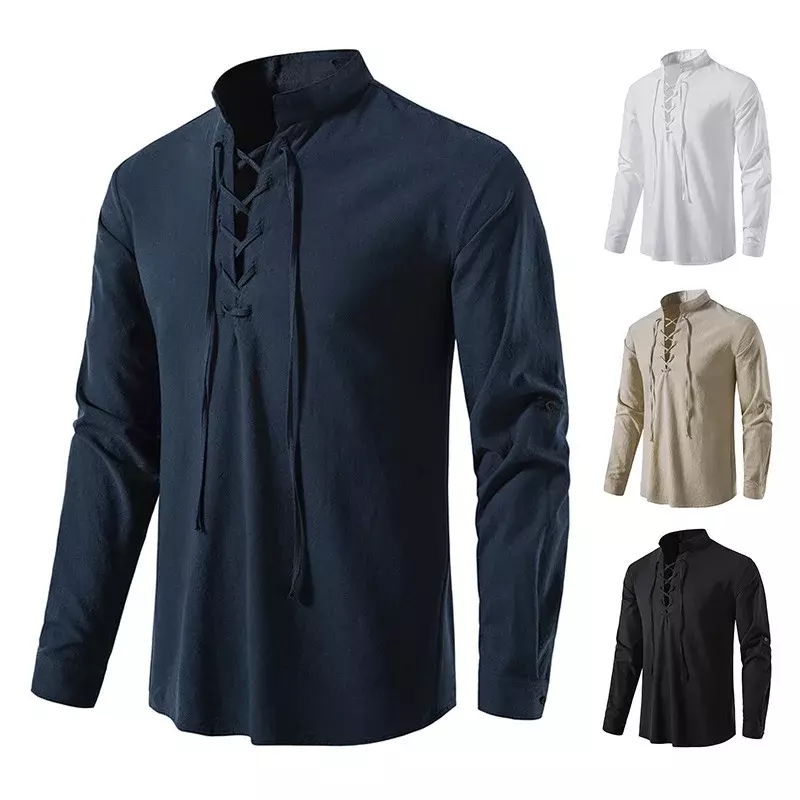 2023 New Men's V-neck Shirt T-shirt Fashion Vintage Thin Long Sleeve Top Men Casual Breathable Front Lace Up Man Shirts