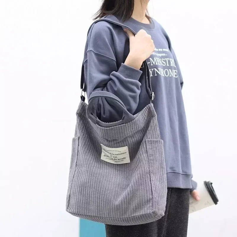 New Corduroy Shoulder Bag for Women Cotton Cloth Versatile Handbag Solid Color Eco Shopping Bag 2024 Ladies Reusable Totes Bags