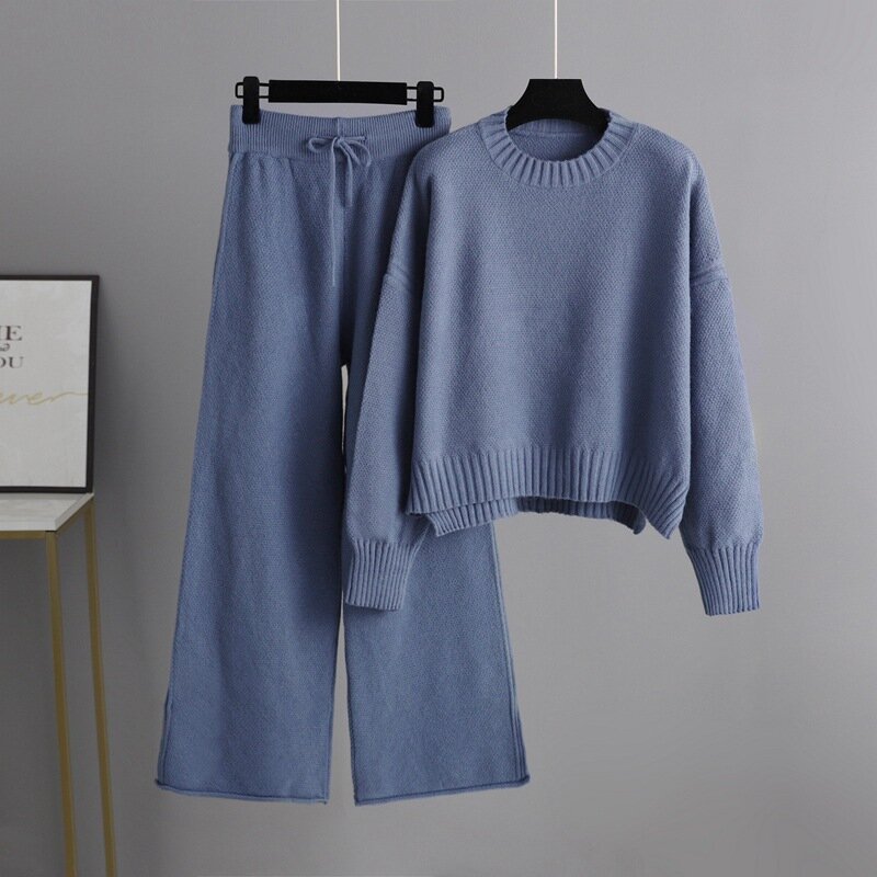 Autunno e inverno New Fashion Casual Knitting Set pantaloni maglione allentato da donna pantaloni a gamba larga elegante Set a due pezzi
