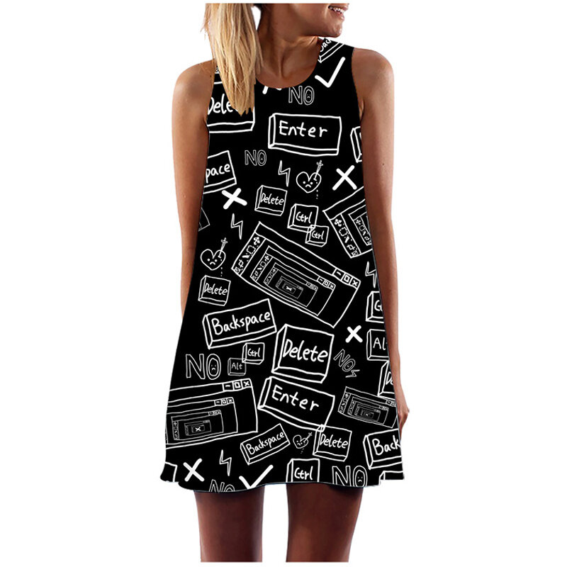 Summer Women's Dress Tank Top Line Funny Print Pattern Abstract O Neck Mini Dress Sleeveless Casual Loose A-Line Sun Dress