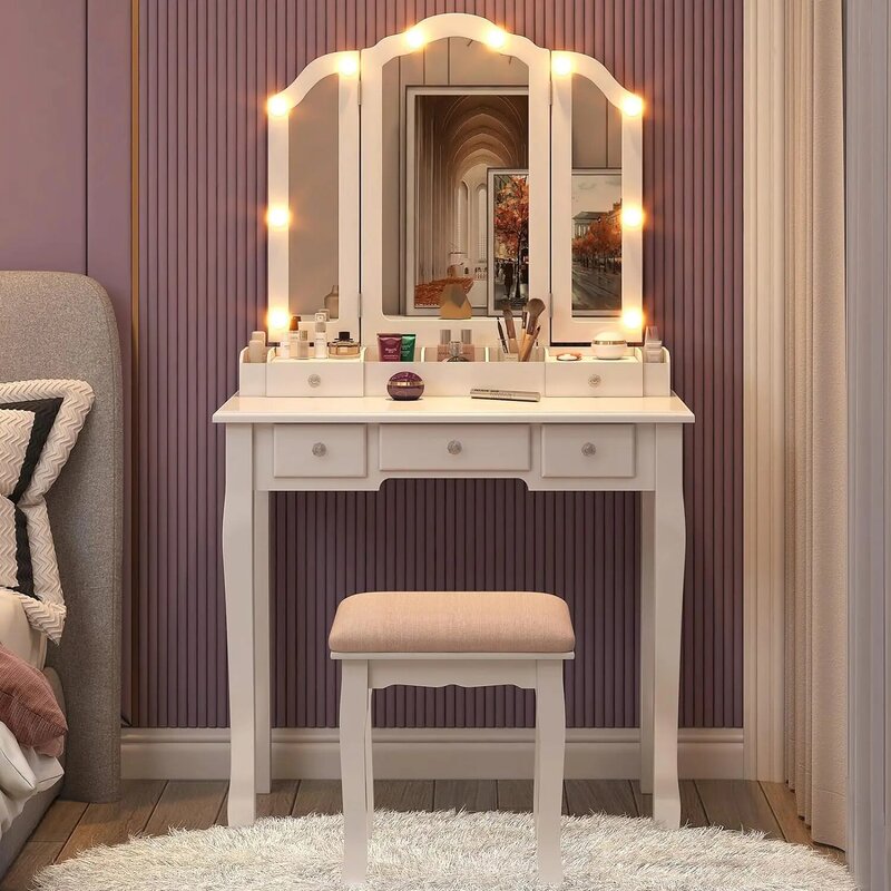 White Desk Set para Adolescente, Espelho e Luzes, Vanity Table with Lights