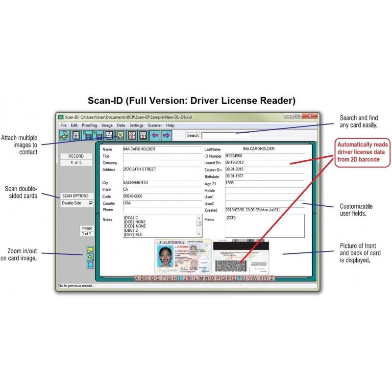 듀플렉스 운전 면허증 스캐너, 연령 확인 기능 포함, Windows용 스캔 ID 풀 버전 포함