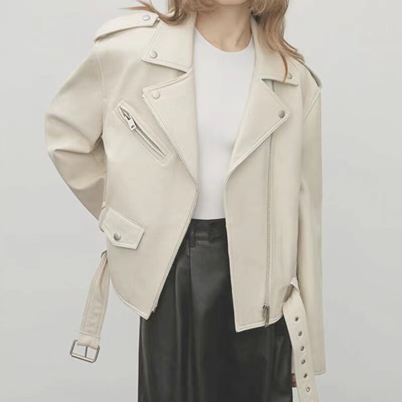 Jaqueta de couro genuíno feminino, casaco locomotivo, casaco versátil, roupas femininas, roxo e branco, zíper de metal, tendência do cinto