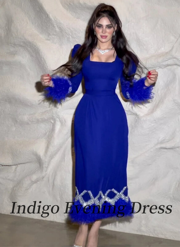 Indigo-vestido de noche con plumas y cuello cuadrado para mujer, elegante vestido de fiesta Formal hasta el tobillo, 2024