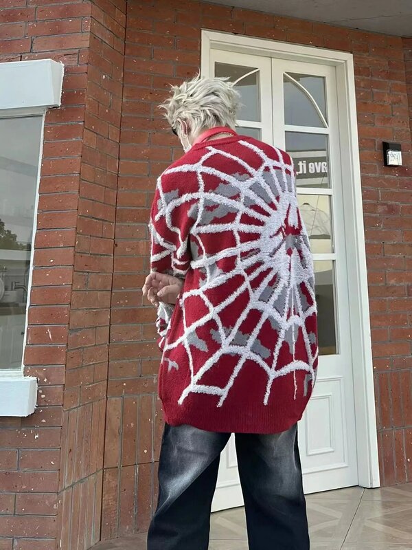 Street Spider Jacquard coppia maglione alto da uomo autunno inverno marchio di moda americano Pullover Oversize stile natalizio americano