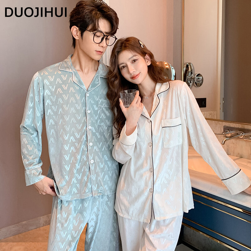 Duojihui-loose pijamas para as mulheres, cor sólida, casual, moda, solto, simples, para casal, outono, novo
