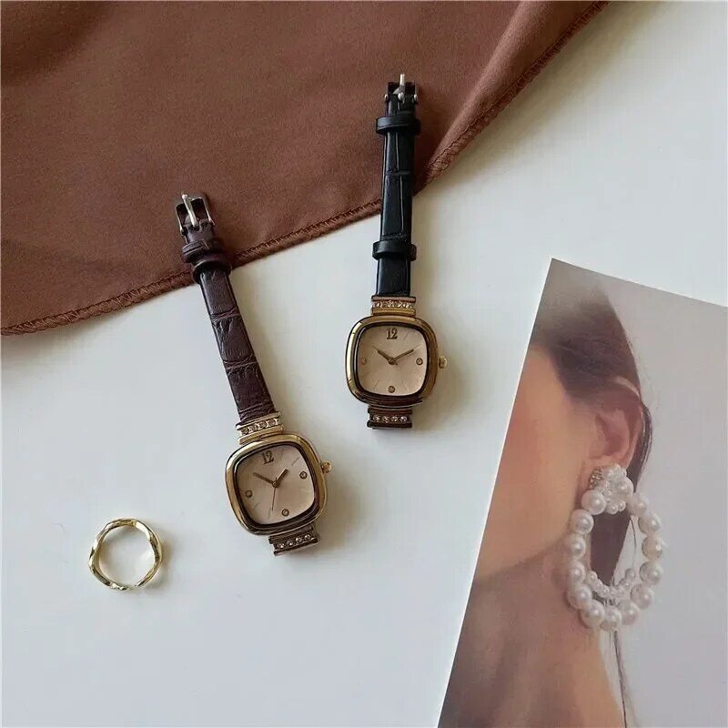 Jam tangan wanita, jam tangan Retro Vintage mode persegi berlian kulit Jam Quartz merek mewah jam tangan wanita hadiah Relogio Feminino