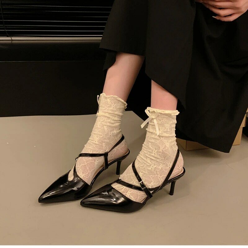 Sandalias plateadas con punta estrecha para mujer, zapatos de tacón fino sin cordones, sexys, para fiesta, verano, 2024