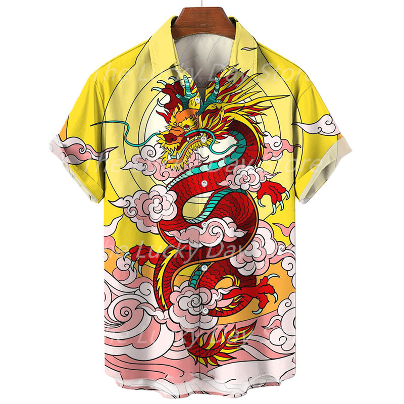 Letnia męska odzież społeczna na co dzień Vintage, w kwiaty hawajska Oversize koszulka z krótkim rękawkiem luksusowa odzież z wzór smoka
