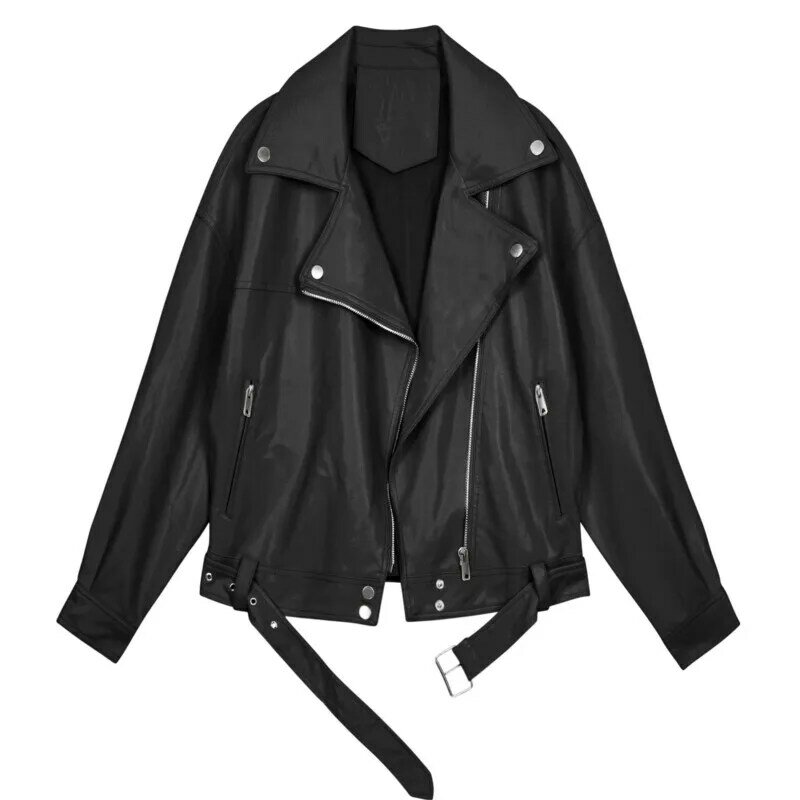 Jaqueta de couro sintético feminina com cinto, extragrande, estilo BF, punk, streetwear, motocicleta, casaco de motociclista, coreano, outono