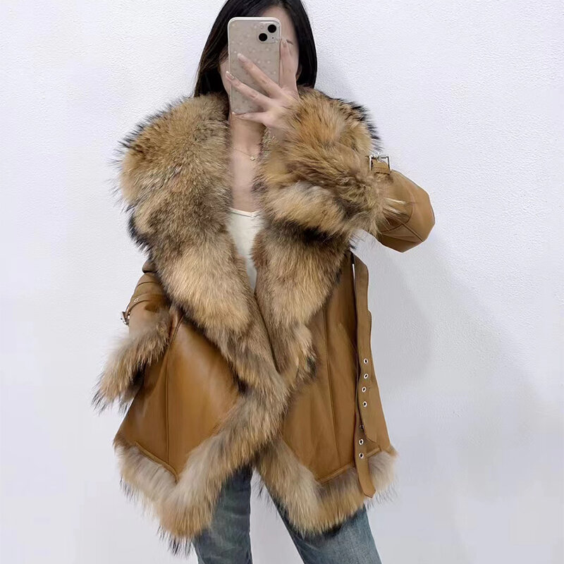 Jaket kulit musim dingin wanita warna Solid bulu asli untuk wanita, mantel kulit kambing mentah dengan kerah bulu rakun besar, pakaian wanita