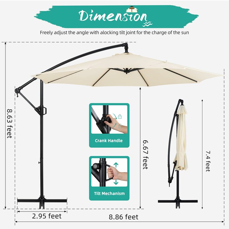 Patio Offset Umbrella w/Easy Tilt Adjustment,Crank and Cross Base, Outdoor Cantilever Hanging Umbrella with 8 Ribs, Cream White