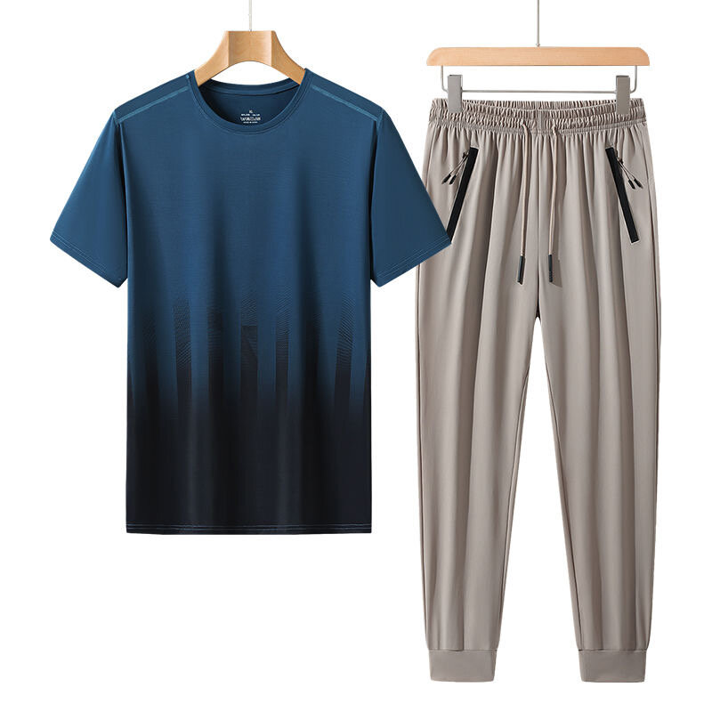 Conjunto de camiseta e calça de seda gelada masculina, conjunto casual solto confortável de duas peças, tamanho grande, nova tendência da moda, verão 2024