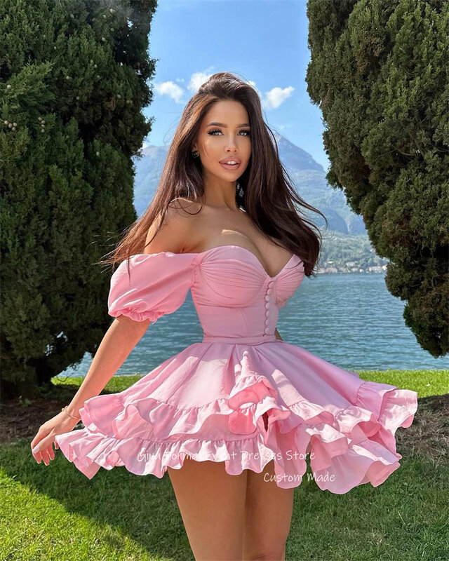 Giyu-vestido de fiesta de graduación corto rosa con escote corazón para mujer, Sexy, botones escalonados, manga corta, vestido de cóctel de playa de verano, talla grande