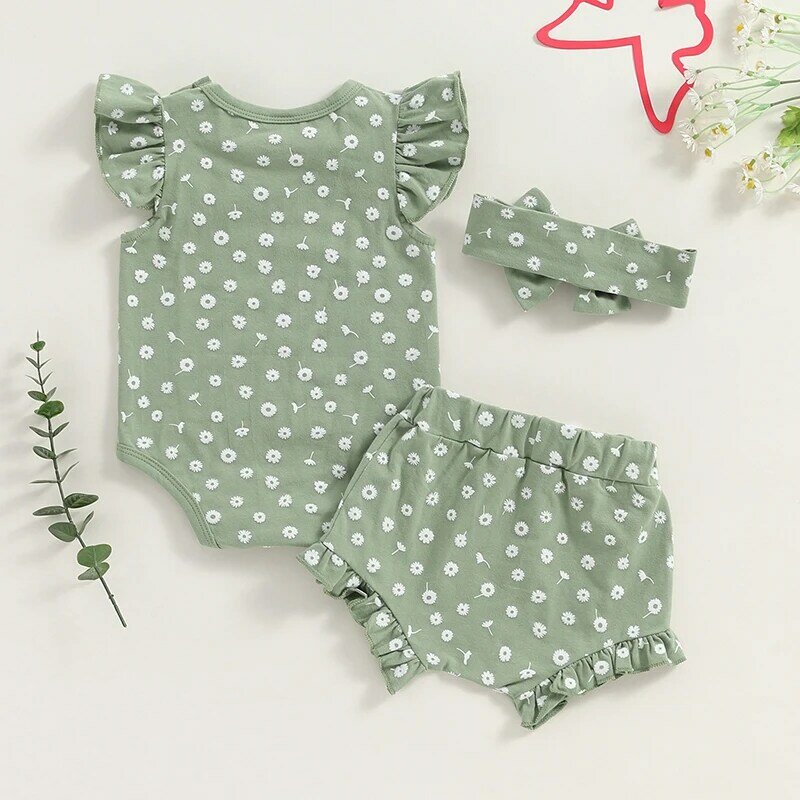 Lioraitiin 2024-04-03 pakaian bayi perempuan musim panas baju monyet lengan terbang + celana pendek Ruffle + bandana Set pakaian motif Aster