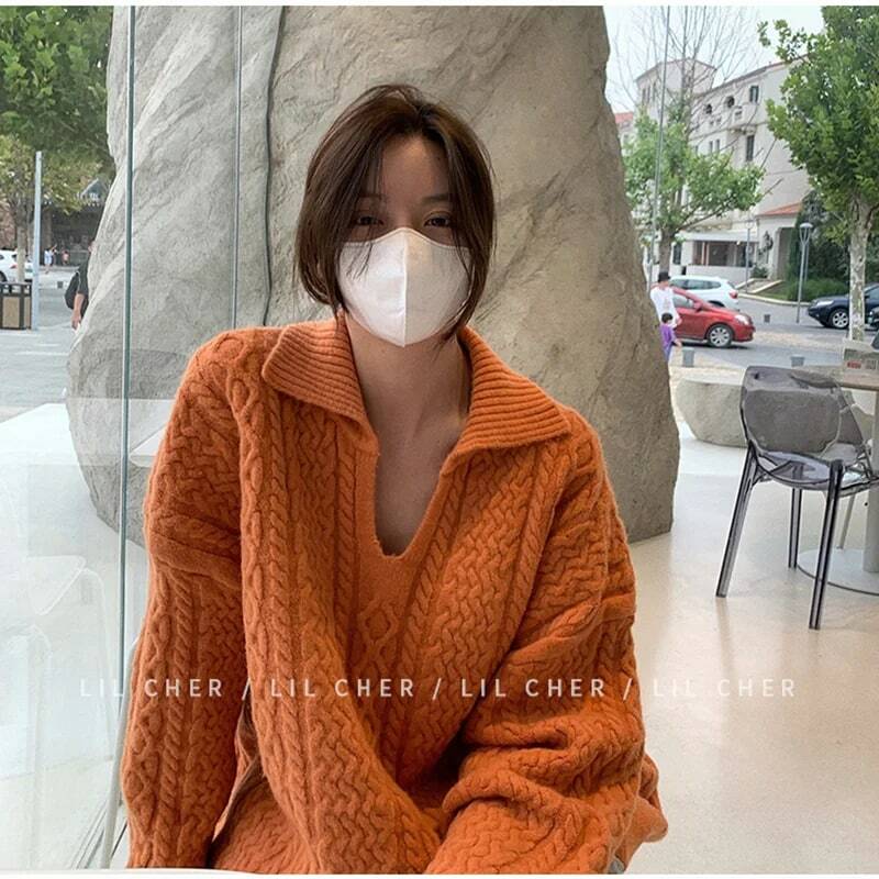 Winter Women's Clothing Ivory Sweater Turned Collar Twist Korean Fashion Loose Retro Pullover Long Sleeves Knitting Tops