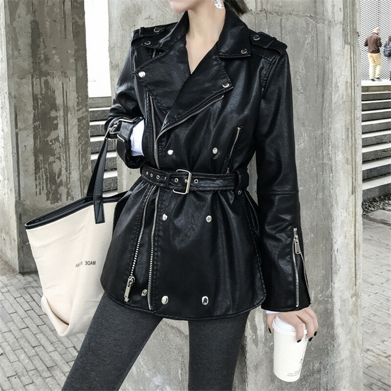 2022 spring and autumn new women's motorcycle leather jacket slim zipper fashion belt mid-length windbreaker jacket women A1011