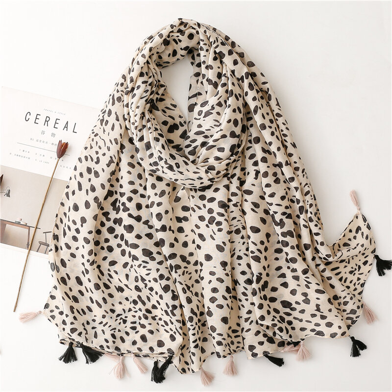 Lenço de algodão macio para mulheres Premium Foulard, estampa de leopardo manchado longo, lenços borla, xales luxuosos