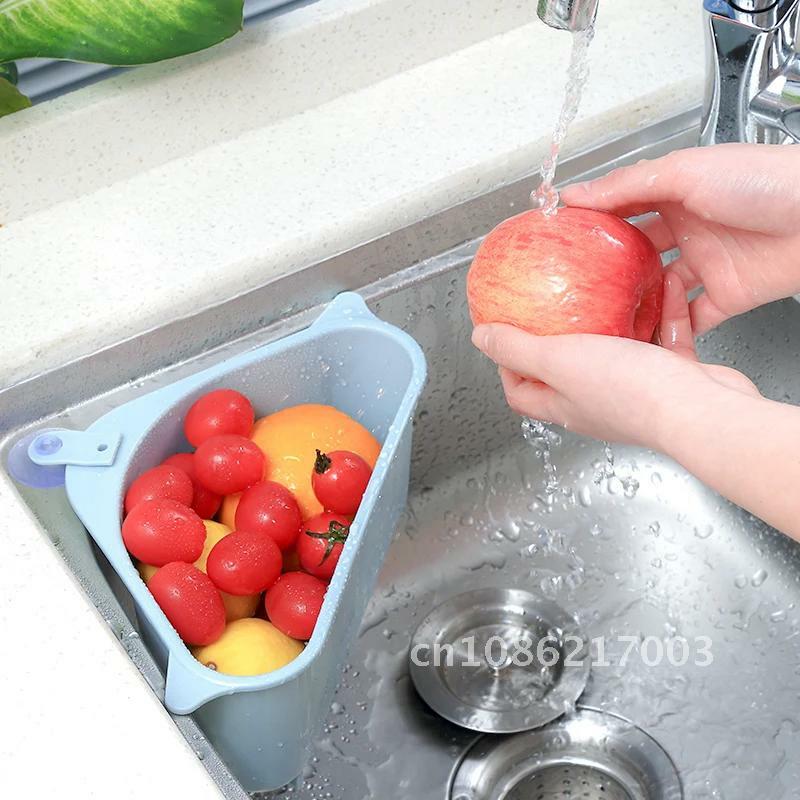 Spüle Filter Küche dreieckige Spüle Filter Sieb Abfluss Gemüse Obst Abtropffläche Korb Saugnapf Schwamm halter Lagerung rac