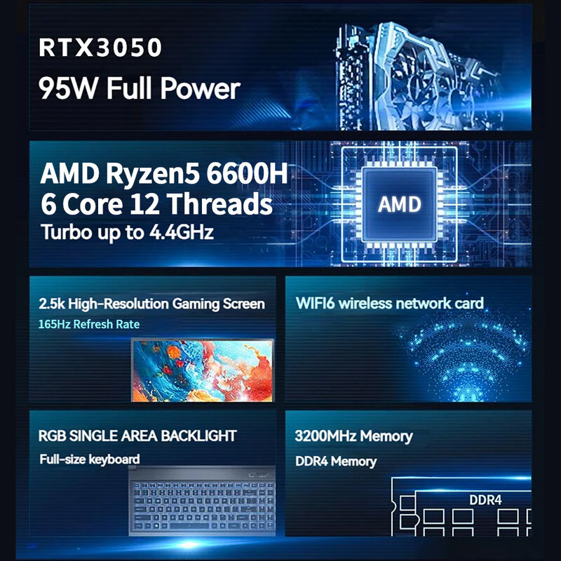 FIREBAT-ordenador portátil para videojuegos, Notebook de 15,6 pulgadas, AMD R5 6600H Geforce RTX 3050 DDR4 M.2 16G RAM 512G SSD 165Hz 2K Wifi6 BT5.1