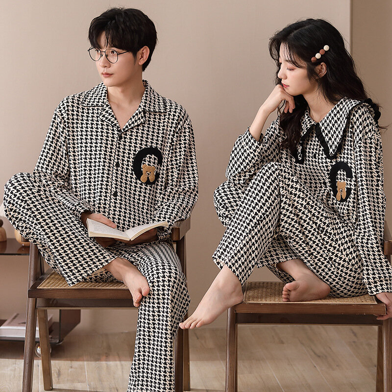 Paar Pyjama Set 100% Katoenen Homewear Koreaanse Mode Lange Mouw Nachtkleding Nieuwe Herfst Pj Set Voor Lover Pijamas Hombre Dropship