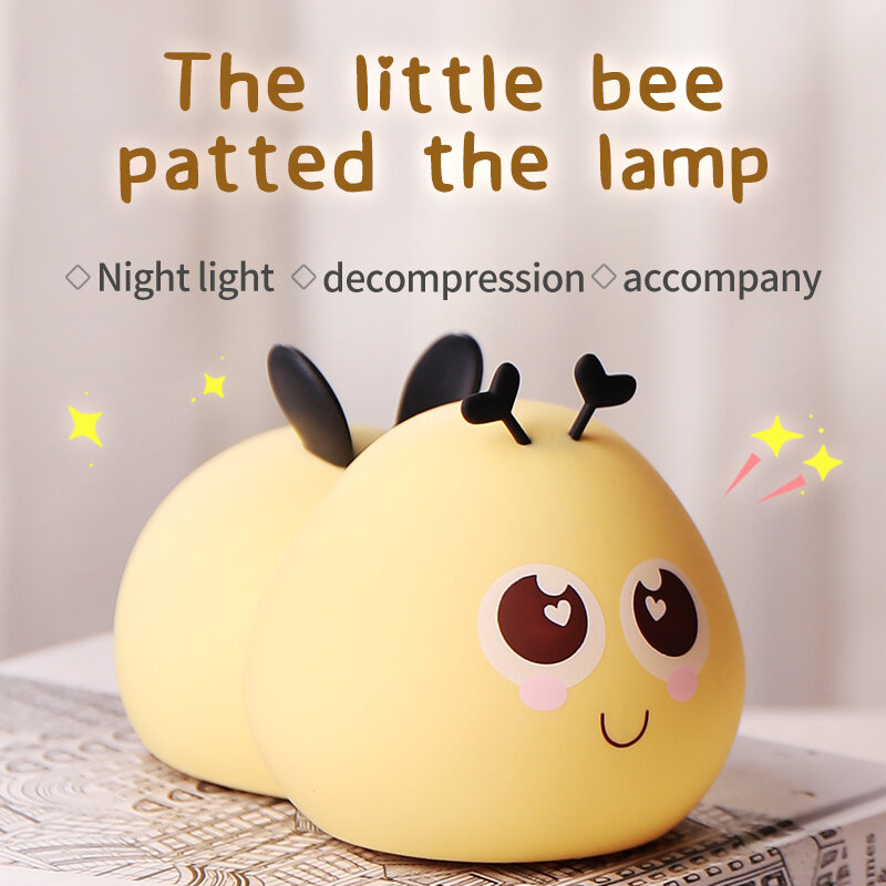 Cute Little Bee NightLight Rechargeable Dimmable Touch Control Lamp Silicone Nursery Night Light for Girls Baby Birthday Gifts