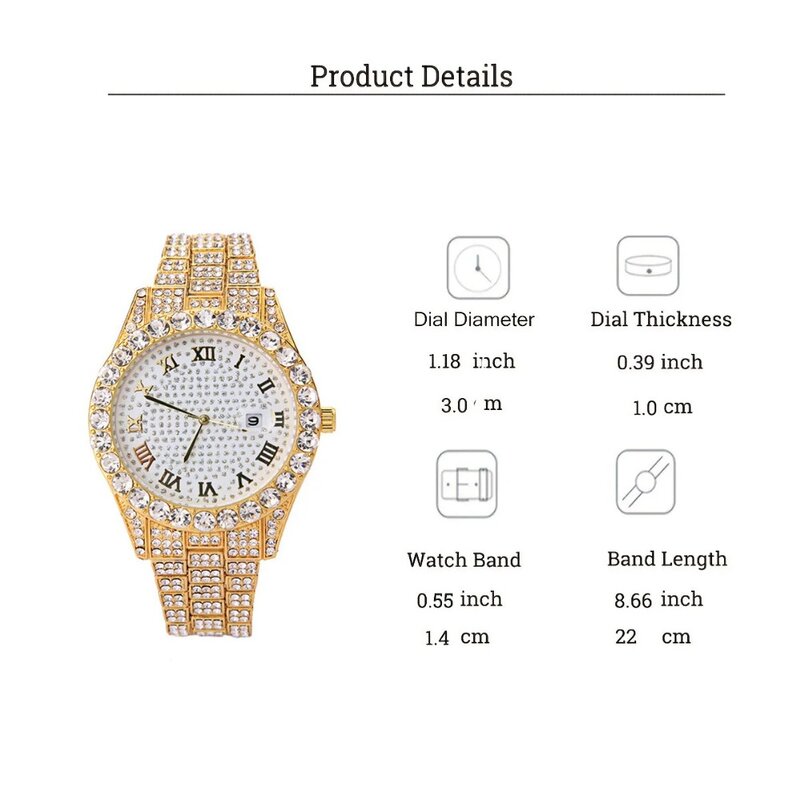 Modny Hip-hopowy kubański zegarek i męski zegarek sztuczny diament pasek stalowy, zestaw modny zegarek męski