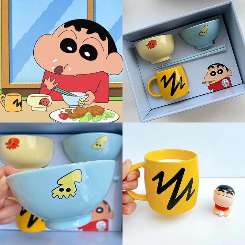 New Cartoon Crayon Shin-chan Same Style Kid's Mug Bowl Chopsticks Plate Milk Mug Cup Rice Bowl Ceramic Tableware Boys Girls Gift