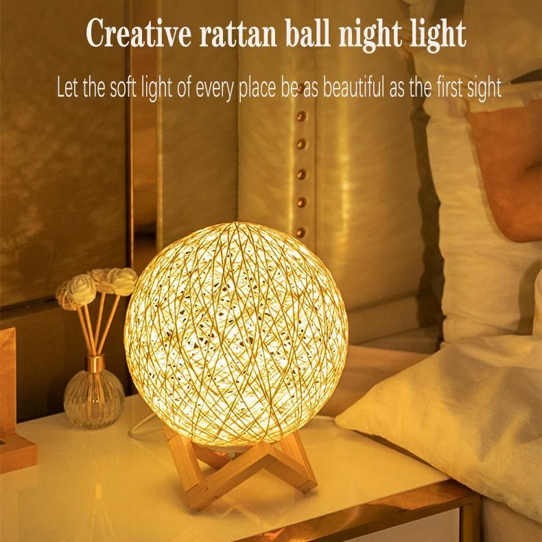 창의적인 등나무 공 램프, 부드러운 조명, 로맨틱 힐링 침대 옆 분위기, 등나무 야간 조명, 작은 조도 조절 테이블 램프