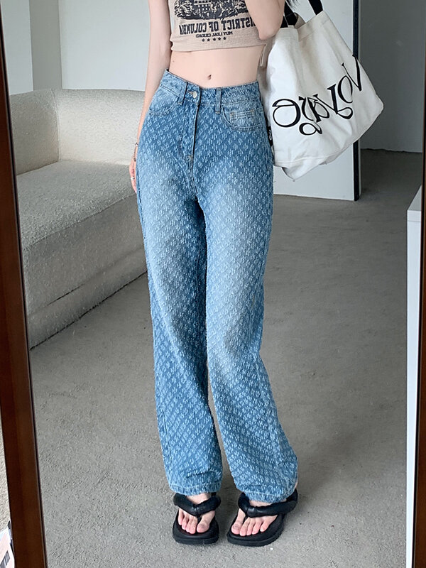 Джинсы женские винтажные с широкими штанинами, модная уличная одежда с завышенной талией, светло-голубые джинсовые штаны, Свободные повседневные жаккардовые брюки с эффектом потертости