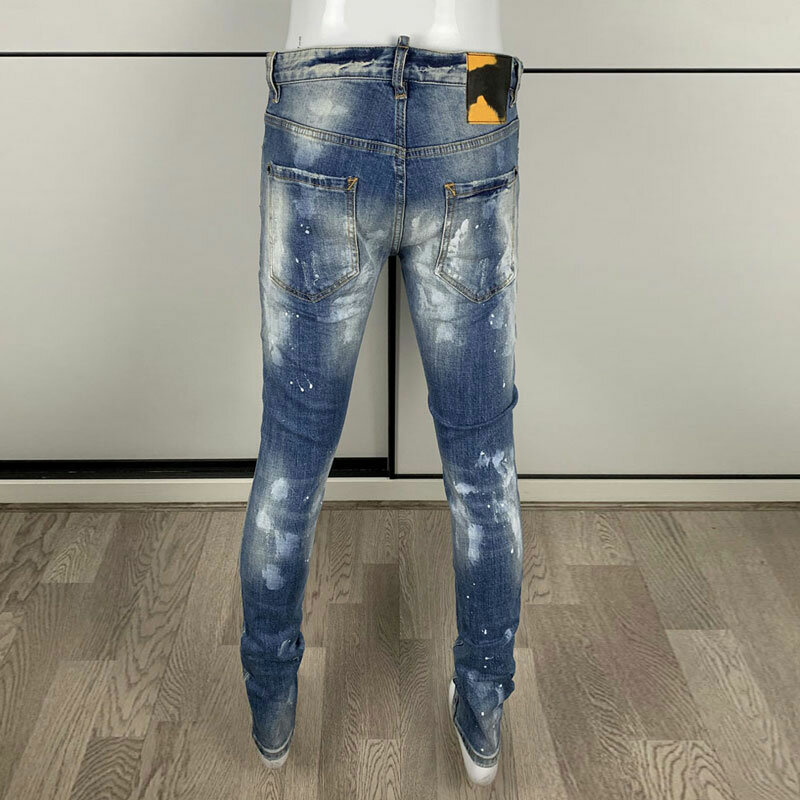 Celana Jeans pria mode jalan, Retro dicuci biru melar Slim Fit tambalan robek pria dilukis desainer Hip Hop celana merek Hombre