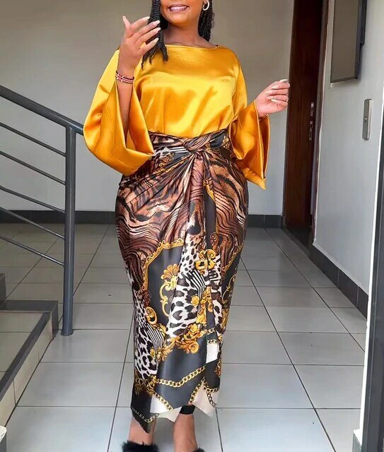 Afrykańska tkanina z nadrukiem zestawy dwuczęściowe spódnica damska O-neck luźna Flare rękaw sznurowane spódnica 2 sztuka garnitur kobiet