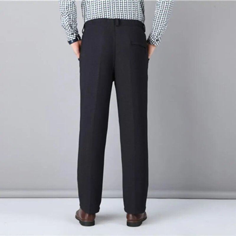 Calça de terno forrado de lã grossa masculina, calça elástica de cintura alta, meia idade, monocromática, fria, inverno