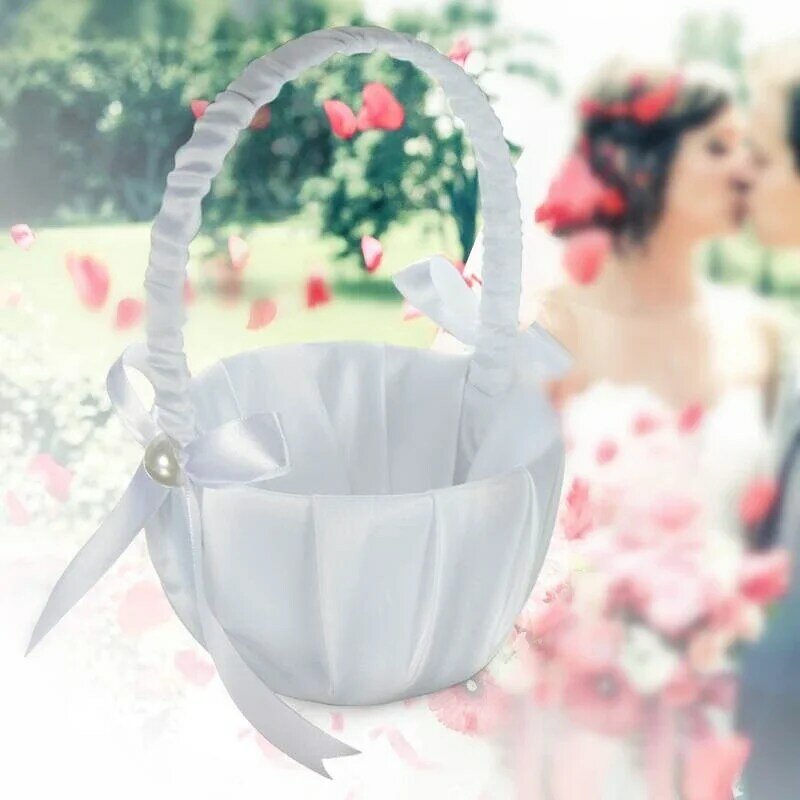 Женская белая корзина с одним цветком и жемчугом, свадебные атласные корзины с бантом, романтичная деревенская Свадебная корзина