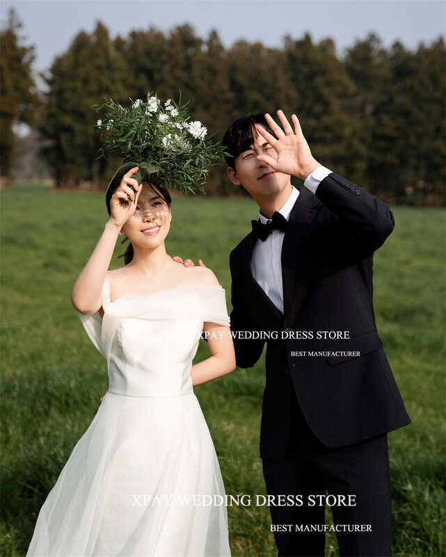 XPAY gaun pernikahan bahu terbuka putri gaun pengantin elegan Organza Korea untuk pemotretan pesta kustom punggung terbuka