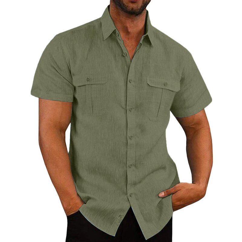Camisas masculinas de linho de algodão de manga curta, cor sólida, gola alta, casual estilo praia, camisas masculinas plus size, verão, venda quente