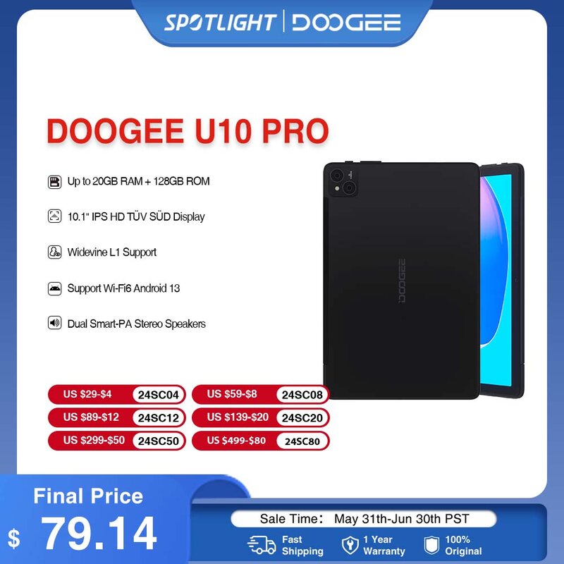 DOOGEE-Tableta U10 Pro, 20GB(8 + 12), 128GB, cuatro núcleos, 10,1 pulgadas, IPS, TÜV, SÜD, certificado, compatible con WiFi6, Widevine L1, Android 13, altavoces duales