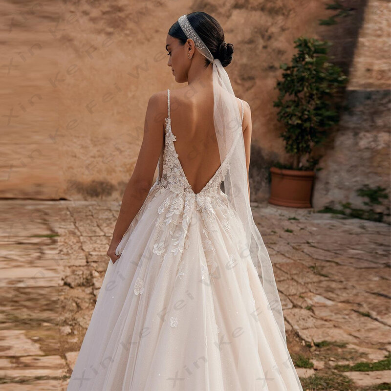 2024 Sexy Women's Bridal Gowns Lace Sticker A-line Sheer Princess Wedding Dresses Formal Beach Party Vestidos De Novia فستان الز