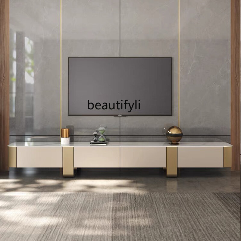 Placa de piedra de lujo de luz italiana, gabinete de TV y mesa de té, soporte de TV de sala de estar combinado
